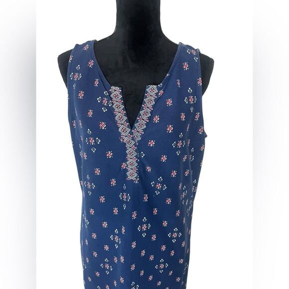 TALBOTS 1X SLEEVELESS V-NECK NAVY BLUE PATTERNED CASUAL DRESS WOMENS - Picture 3 of 9